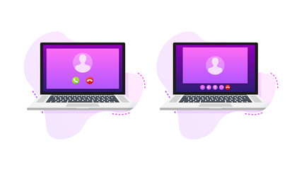 Incoming video call on laptop. Laptop with incoming call, man profile picture and accept decline buttons. Vector stock illustration.