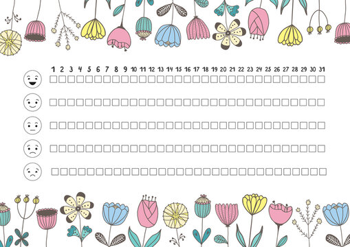 Printable A4 paper sheet with hand drawn flowers and to fill planner of mood tracker for bullet journal page, daily planner template, blank for notebook.