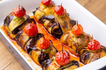Traditional delicious Turkish food; Kofte kebab wrapped in eggplant (Turkish name; Islim - islim kebabi or kurdan kebabi)