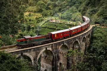 Red classic train on Nine arches bridge, running over ceylon tea plantation in Ella. Famous tourist attraction of Sri Lanka. - 456718486