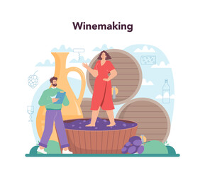Wine maker concept. Grape wine in a wood barrel, bottle of a red wine