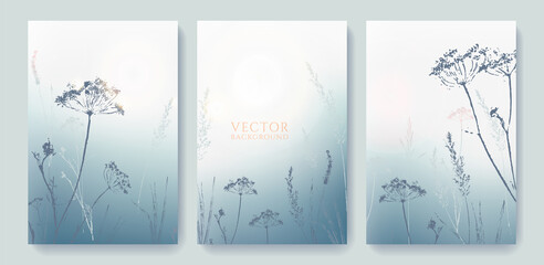 set of template brochure «foggy landscape  morning with hand painted wild herbs and flowers»