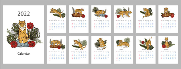 Tiger 2022 calendar. Chinese New year printable template. Cartoon animal date month holiday vector design