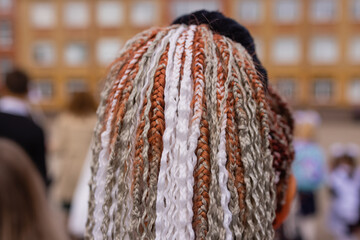 Young afro with blonde Box braids, African hair style also known as Kanekalon braids. Close up on...