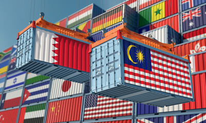 Freight containers with Bahrain and Malaysia national flags. 3D Rendering 
