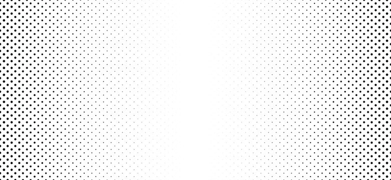 Black, gradient dot background. Black dot overlay. Flat vector pois, dots fade raster sign. Halftone circle texture. Round faded pattern. Retro, pop art. Seamless, geometric grid banner.  Dotted