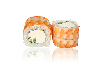 Close up philadelphia roll sushi with cucumber, cream cheese and tiger shrimp on top isolated on white background with reflection. Japanese traditional fusion cuisine. Delivery food.