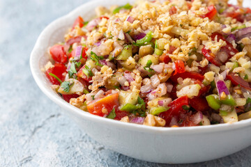 Traditional delicious Turkish cuisine, salad with tomatoes, cucumbers (Turkish name; Gavurdagi salata)