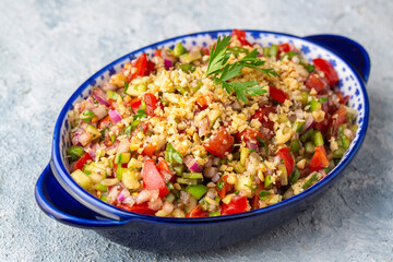 Traditional delicious Turkish cuisine, salad with tomatoes, cucumbers (Turkish name; Gavurdagi salata)
