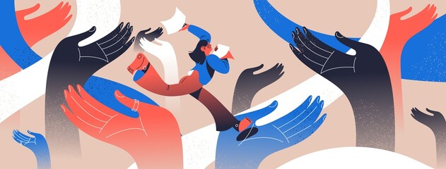 Community help concept illustration. Vector woman running with ideas and paper documents among various hand helping her