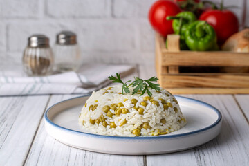 Traditional delicious Turkish foods; pea rice (Turkish name; Bezelyeli pilav)