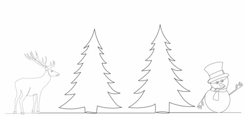 snowman and trees drawing with one continuous line