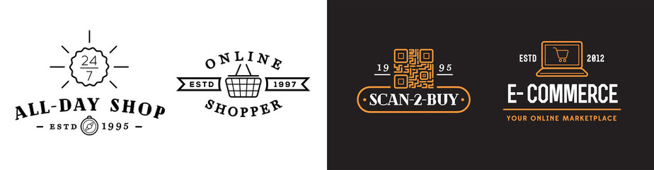 Set of Four E-Commerce Online Shopping Signs with Icons.