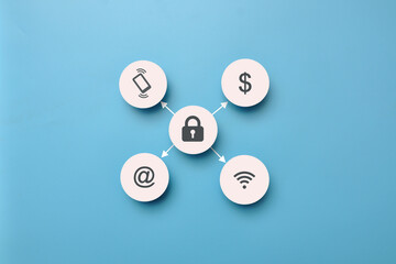 Paper circles with the image of icons: lock, Wi-Fi, phone, money and email address. Personal Data Protection Symbol
