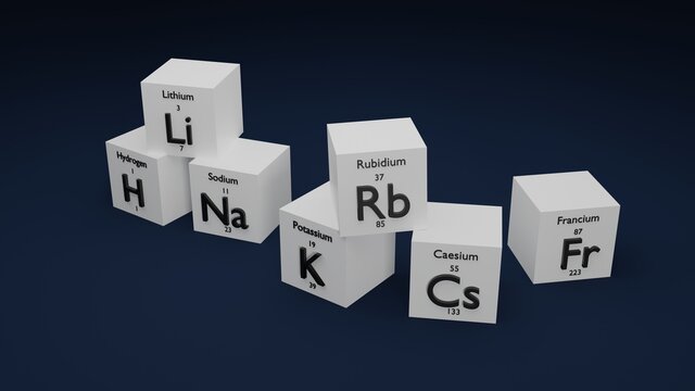 3D Illustration of Group 1 Elements from Periodic Table along with their Atomic Number and Atomic Mass.
