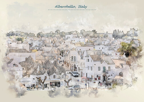 Fototapeta village Alberobello, Italy  in watercolor sketch style