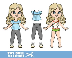 Cartoon girl with long blond hair in underwear, dressed and clothes separately - blue babydoll, gray jeans, beige sandals doll for dressing