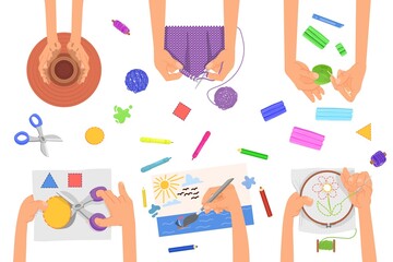 Creative kids lab. Art lesson, children fun craft activities. Top view on hands, people paint, embroidery and knit. Workshop decent vector concept