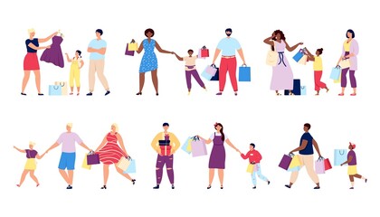 Family shopping. Fashion store, people clothes buy. Boutique customer, happy friends in shop. Retail, woman man hold utter bags vector characters