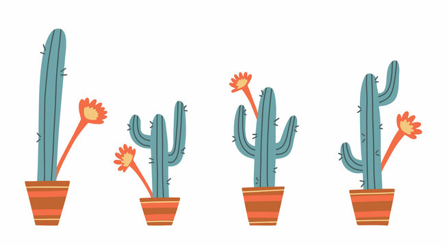 Set of cacti with flowers in a pot. Hand drawn vector illustration. Image of cactus on a white background