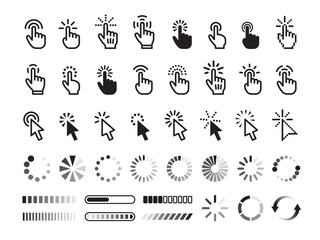 Isolated click icons. Hands symbols, selection pointer sign. Tap link, loading web indicator. Pick direction arrows, finger clicked tidy vector computer set