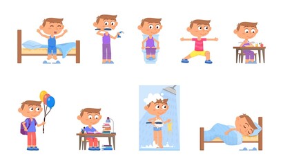 Boy daily activities. Cartoon kids routine, active morning kid. Child studying, eating and wake up. Bed time and children hygiene decent vector set