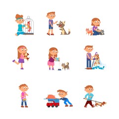 Children and pets. Kid with pet, child holding pig and bird. Toddler care about dogs and cats, cartoon isolated owner animals decent vector set