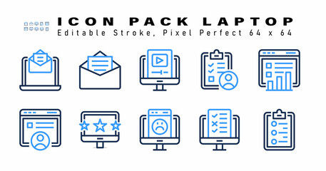 Icon Set of Laptop Two Color Icons. Contains such Icons as Business, Account, Rating, Bad Feedback etc. Editable Stroke. 64 x 64 Pixel Perfect