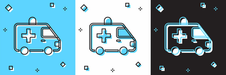 Set Ambulance and emergency car icon isolated on blue and white, black background. Ambulance vehicle medical evacuation. Vector