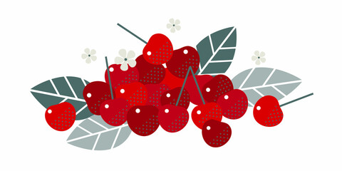 Cherry fruits. Flat illustration. Ripe berries, leaves and flowers. Illustration can use for jam, marmalade berry drink, berry filler, for label, packaging design, adv products and posters.