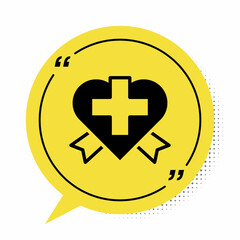 Black Heart with a cross icon isolated on white background. First aid. Healthcare, medical and pharmacy sign. Yellow speech bubble symbol. Vector