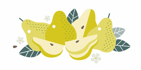 Pear fruits. Flat illustration. Whole and cut fruits, leaves, pear pits and flowers. Illustration can use for jam, marmalade fruit drink, fruit filler, for label, packaging design, adv products.