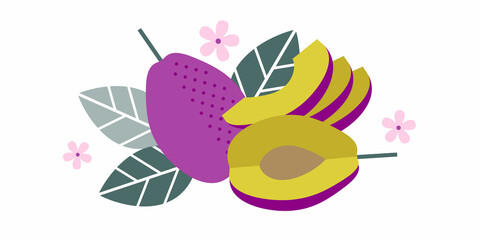 Plum fruits. Flat illustration. Whole and cut fruits, leaves, plum pits and flowers.

Illustration can use for jam, marmalade fruit drink, fruit filler, for label, packaging design, adv products.