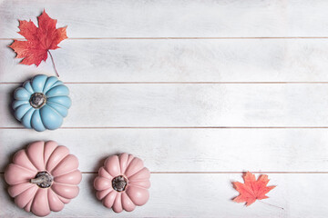 Autumn background with pink and blue pumpkins and leaves in pastel shades