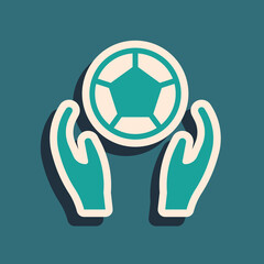 Green Soccer football ball icon isolated on green background. Sport equipment. Long shadow style. Vector