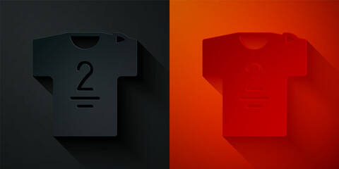Paper cut Football jersey and t-shirt icon isolated on black and red background. Paper art style. Vector