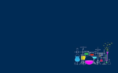 Fototapeta na wymiar Background for a presentation on chemistry. Chemical laboratory. Abstract illustration of chemical dishes in the form of musical instruments on a blue background and free space for text .