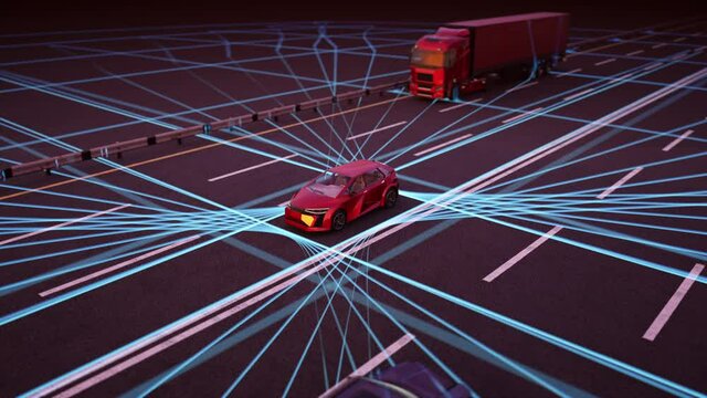 Autonomous car on highway. 3D rendering.