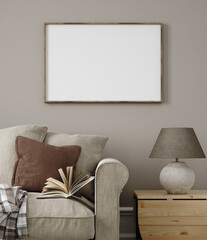 Frame mockup in home interior, living room in neutral colors with sofa, armchair and dry flower on table , 3d render