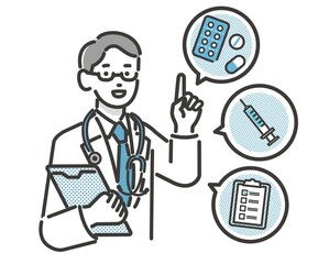 患者に薬や病気などの説明する医者のベクターイラスト素材／薬剤師／医師