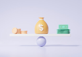 Minimal scales currency price balance concept. finance business investment eduacation with bag money, cartoon style. 3d render. illustration