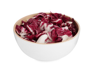 Leaves of ripe radicchio in bowl on white background