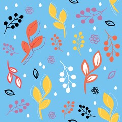 Vector seamless pattern. For textile or print. Blue background. Blue, red, yellow black and white elements.