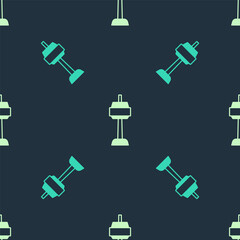 Green and beige N Seoul tower in South Korea icon isolated seamless pattern on blue background. Seoul tower, Namsan tower in korea. Vector