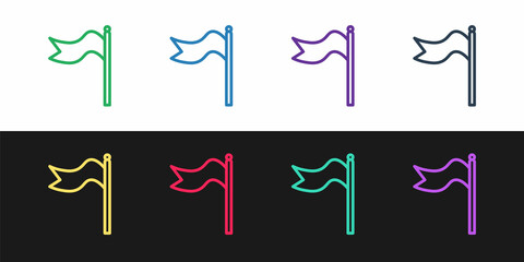 Set line Meteorology windsock wind vane icon isolated on black and white background. Windsock indicate the direction and strength of the wind. Vector Illustration