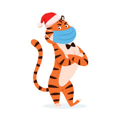 Fototapeta na wymiar Cartoon angry tiger in Santa hat wearing medical protective face mask isolated on white background. Cute dissatisfied wild cat. Chinese symbol of New Year 2022. Holiday character vector illustration.