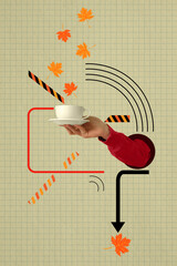 Contemporary art collage of human hand holding cup with autumn leaves