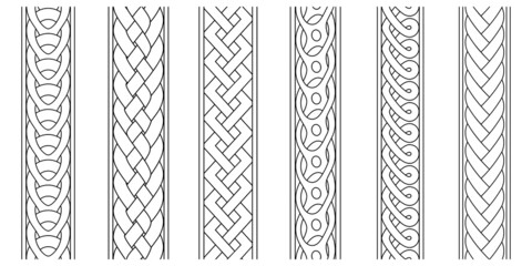 Braid borders. Abstract braids border set, religious knitted seamless ornaments, linear knitted striped decorative ropes vector graphics, weaving intertwined line patterns