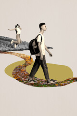Contemporary art collage of two young people, students walking. Autumn season concept