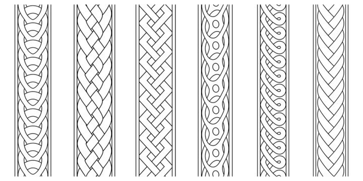Braid borders. Abstract braids border set, religious knitted seamless ornaments, linear knitted striped decorative ropes vector graphics, weaving intertwined line patterns